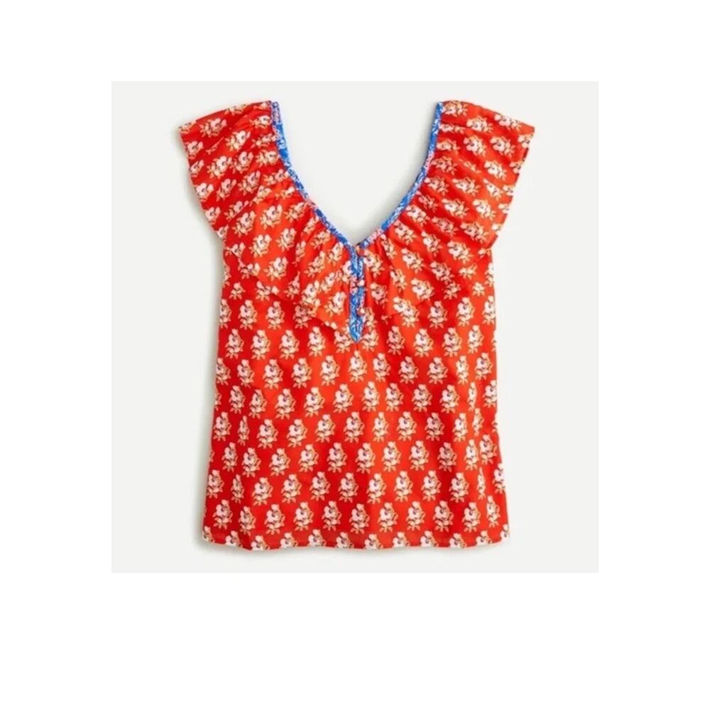 New J Crew Size XS Ruffle V Neck Top Cotton Classic Block Print Orange